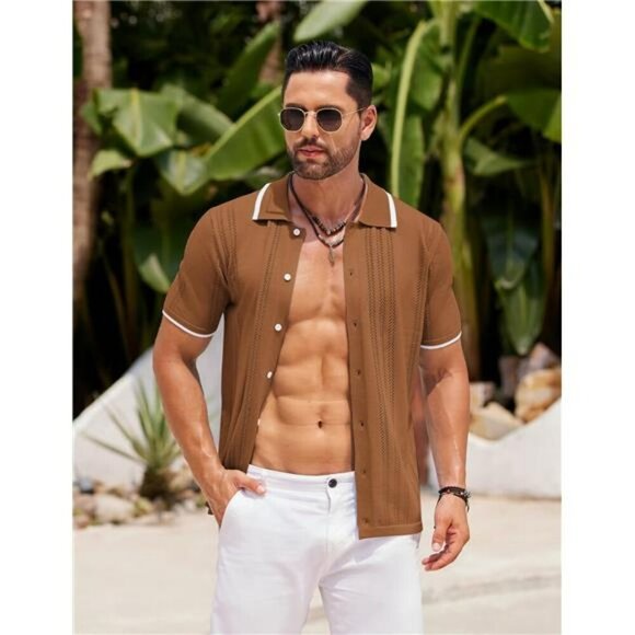 Mens Knit Button Down Shirt Short Sleeve Polo Casual Slim Fit Beach Top - Picture 3 of 7